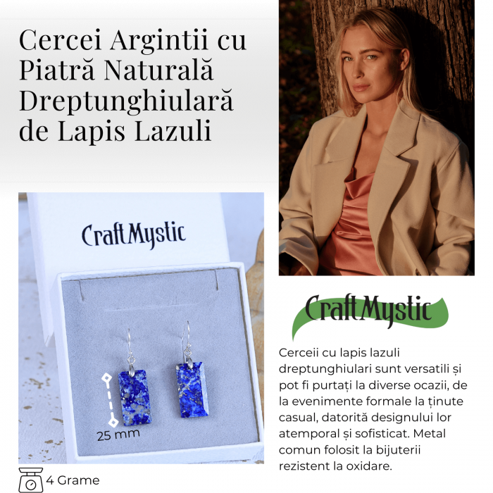Cercei cu Pietre Semipretioase Lapis Lazuli dreptunghiulari tortita argintie, pentru claritate si echilibru [4]