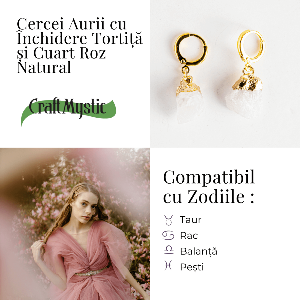 Cercei Aurii cu Cuart Roz Brut Natural – Iubire si Echilibru [5]