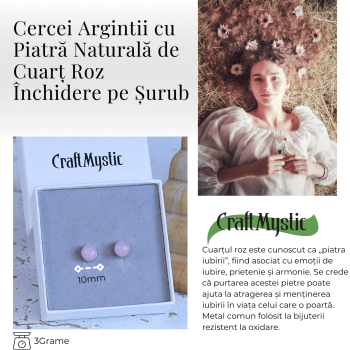 Cercei Eleganti cu Cuart roz Natural, inchidere pe surub, pentru iubire si armonie [4]