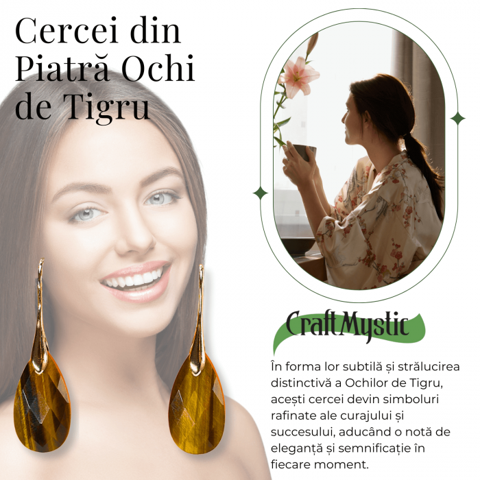 Cercei Eleganti cu Metal Auriu si Piatra Naturala din Ochi de Tigru Fatetat [5]