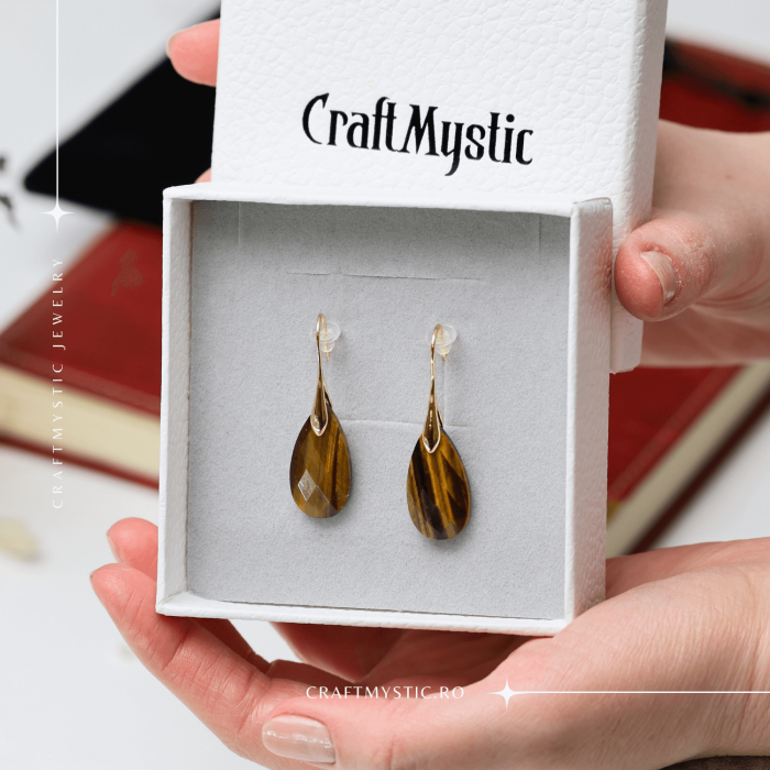 Cercei Eleganti cu Metal Auriu si Piatra Naturala din Ochi de Tigru Fatetat [2]