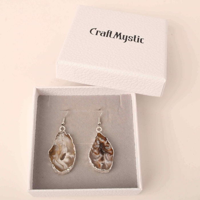 Cercei cu piatra semipretioasa naturala onyx deschis forma geoda cu metal placat argintiu [3]