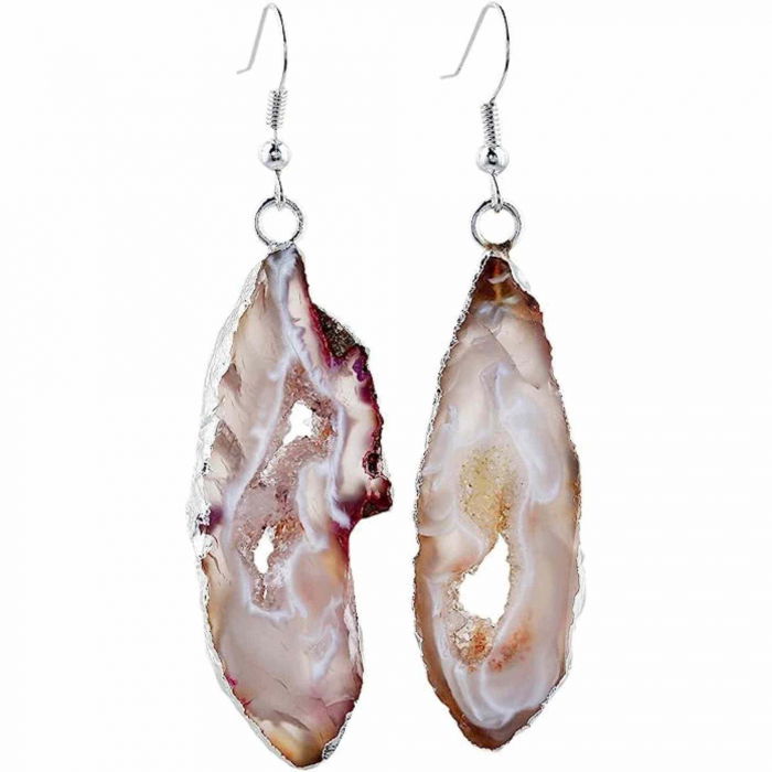 Cercei cu piatra semipretioasa naturala onyx deschis forma geoda cu metal placat argintiu [1]