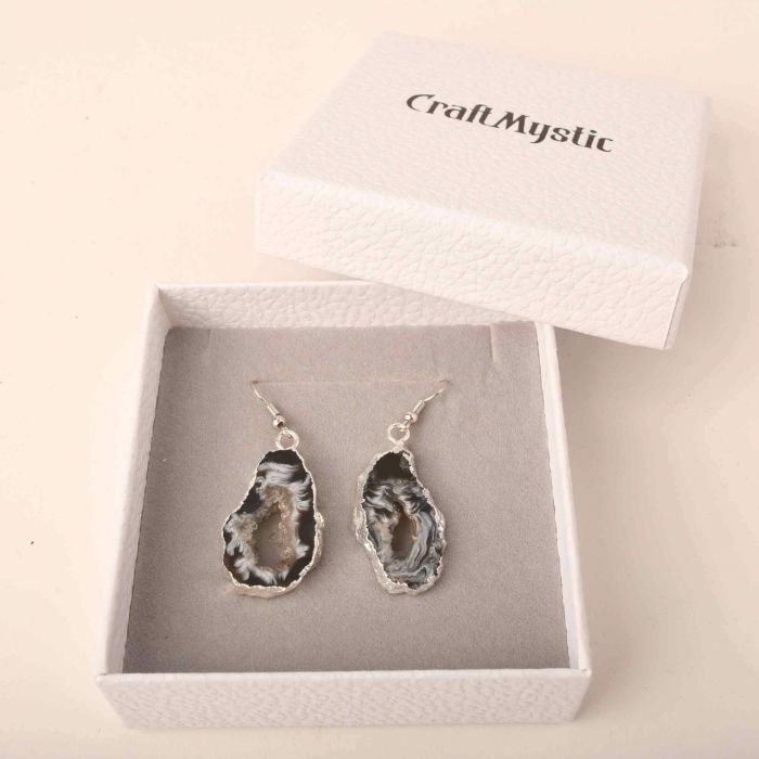 Cercei cu piatra semipretioasa naturala onyx negru forma geoda cu metal placat argintiu [5]