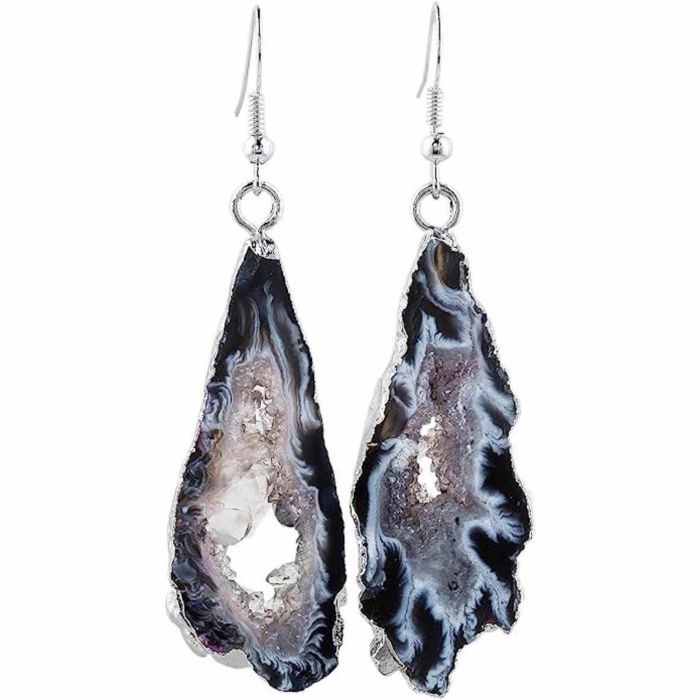 Cercei cu piatra semipretioasa naturala onyx negru forma geoda cu metal placat argintiu [1]