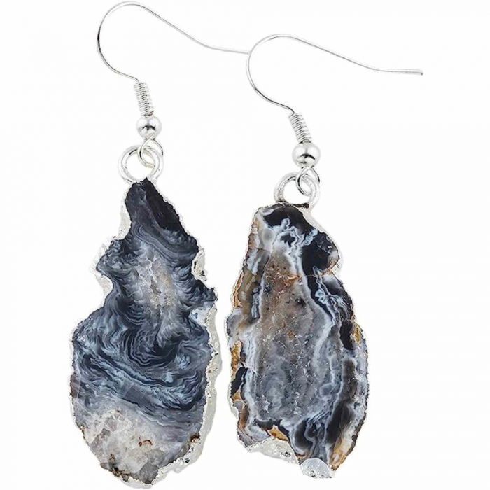 Cercei cu piatra semipretioasa naturala onyx negru forma geoda cu metal placat argintiu [2]