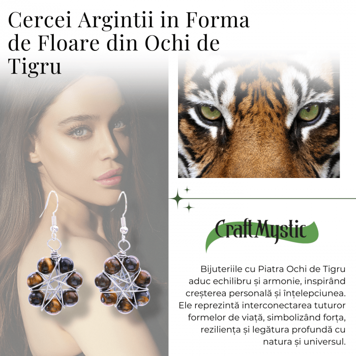 Cercei Argintii in Forma de Floare cu Ochi de Tigru - Sporirea Curajului si Claritatii Mentale [4]