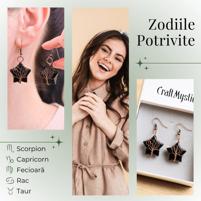 Cercei Aurii cu Piatra de Obsidian in Forma de Stea [3]