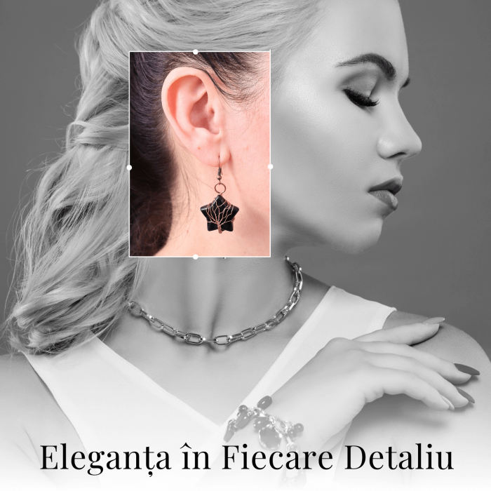 Cercei Aurii cu Piatra de Obsidian in Forma de Stea [6]