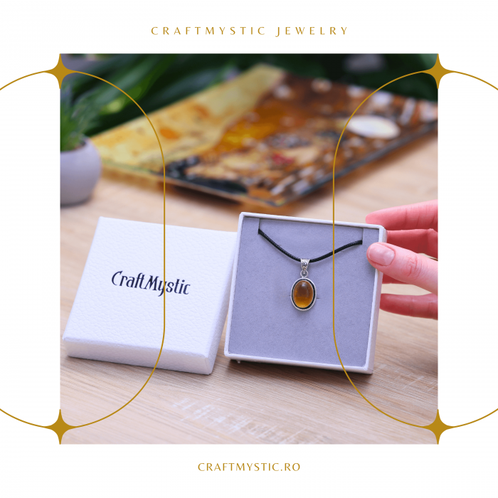 Colier Reglabil cu Pandantiv Oval din Metal Argintiu și Citrin Natural [7]