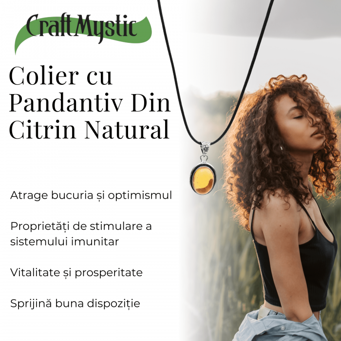 Colier Reglabil cu Pandantiv Oval din Metal Argintiu și Citrin Natural [4]