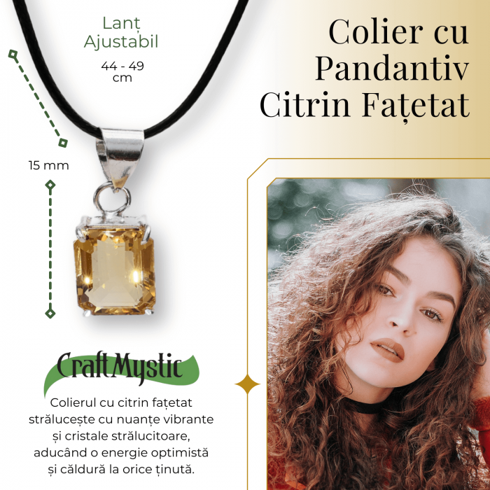 Colier Reglabil cu Pandantiv Argintiu 15mm in Forma Dreptunghiulara cu Citrin Natural Fatetat [2]