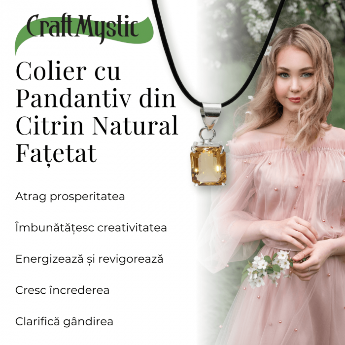 Colier Reglabil cu Pandantiv Argintiu 15mm in Forma Dreptunghiulara cu Citrin Natural Fatetat [6]