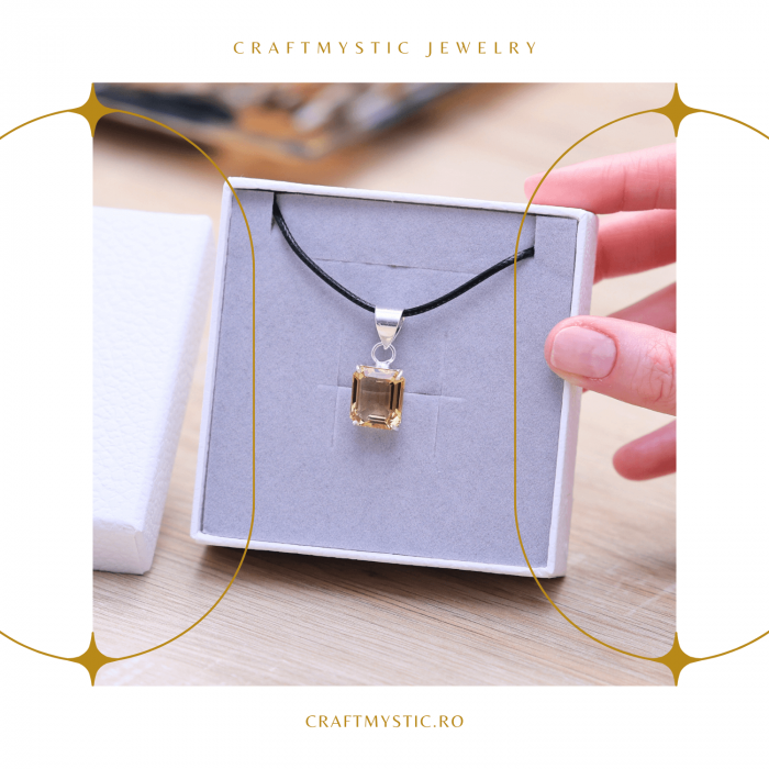 Colier Reglabil cu Pandantiv Argintiu 15mm in Forma Dreptunghiulara cu Citrin Natural Fatetat [7]