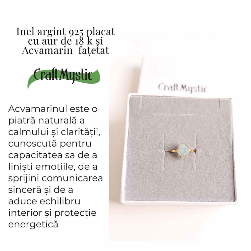 Inel cu Acvamarin Fatetat din Argint 925 placat cu Aur de 18K 1.54 gr – Liniste Interioara si Claritate in Comunicarea Sufletului [6]