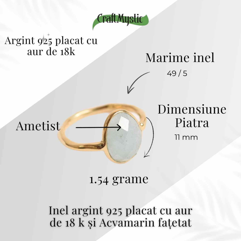 Inel cu Acvamarin Fatetat din Argint 925 placat cu Aur de 18K 1.54 gr – Liniste Interioara si Claritate in Comunicarea Sufletului [4]