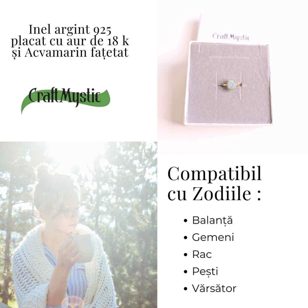 Inel cu Acvamarin Fatetat din Argint 925 placat cu Aur de 18K 1.54 gr – Liniste Interioara si Claritate in Comunicarea Sufletului [5]