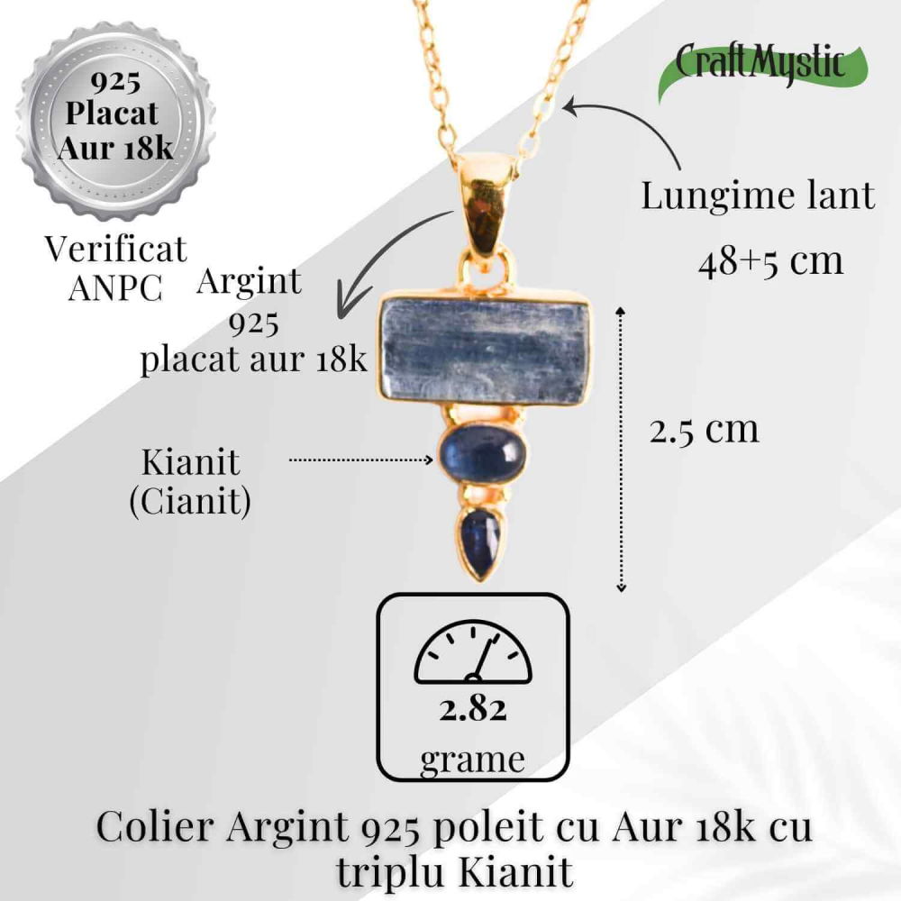 Comunicare Autentica si Echilibru – Colier inox si pandantiv argint 925 placat cu aur de18k si Triplu Kianit [5]
