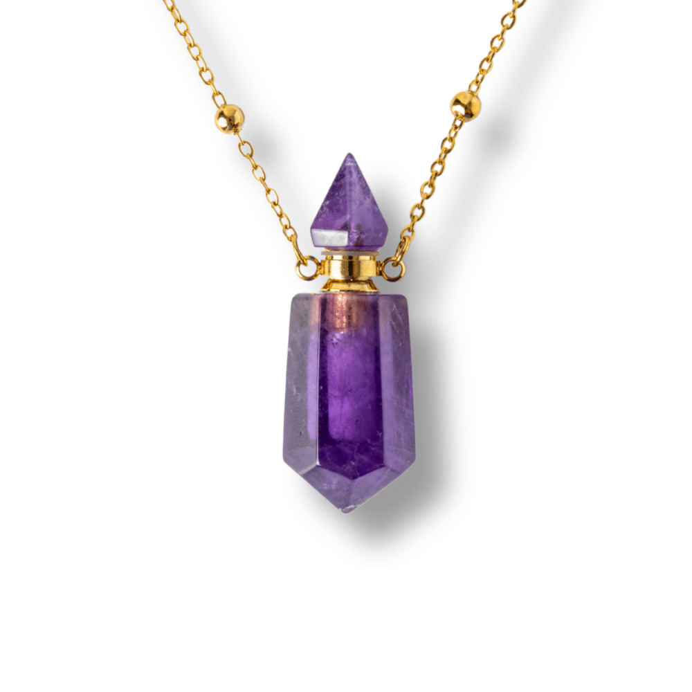 Protectie si Claritate – Colier Sticluta Pendul din Ametist Natural, lant cupru Placat Auriu [1]