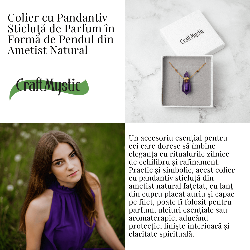 Protectie si Claritate – Colier Sticluta Pendul din Ametist Natural, lant cupru Placat Auriu [5]