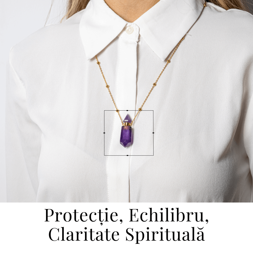 Protectie si Claritate – Colier Sticluta Pendul din Ametist Natural, lant cupru Placat Auriu [2]