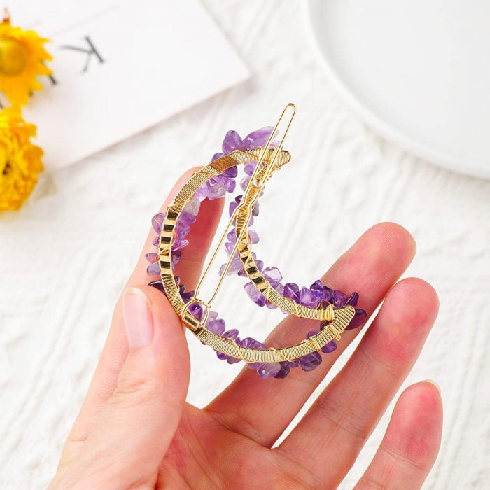 Cleme de par in forma de semiluna cu piatra naturala semipretioasa Ametist pentru un look chic si vibratii pozitive [3]