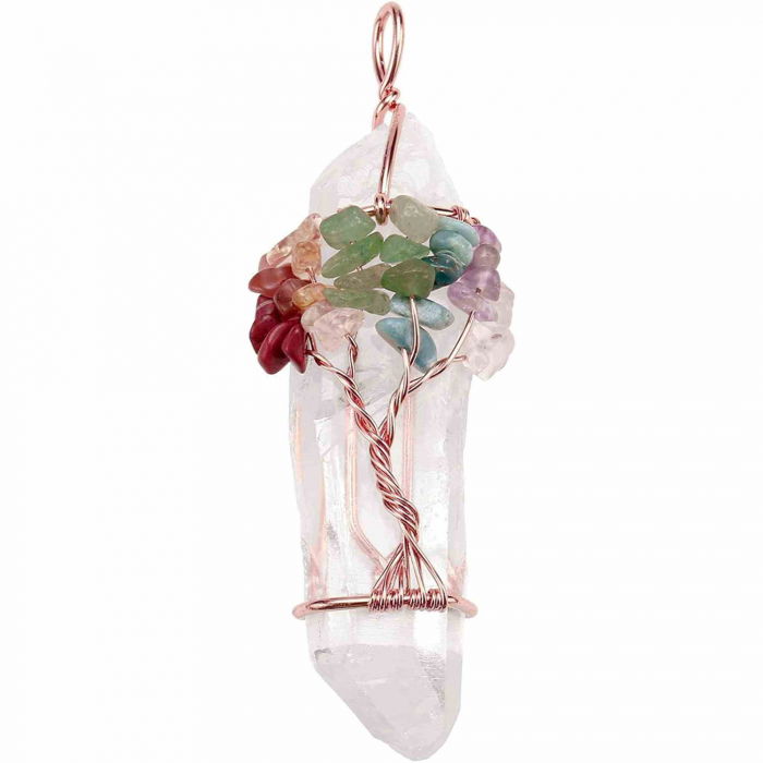 Colier 7 chakra cu Cristal de Stanca, infasurat intr-o sarma de cupru cu pietre semipretioase sparte, sub forma unui copac al vietii [4]