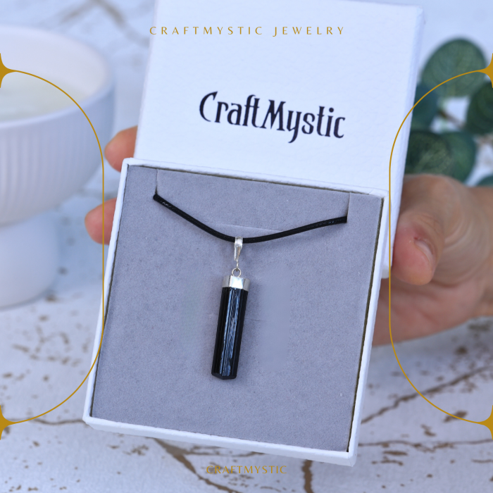 Colier Ajustabil cu Pandantiv din Turmalina neagra subtire 3-4 cm Argintiu [5]