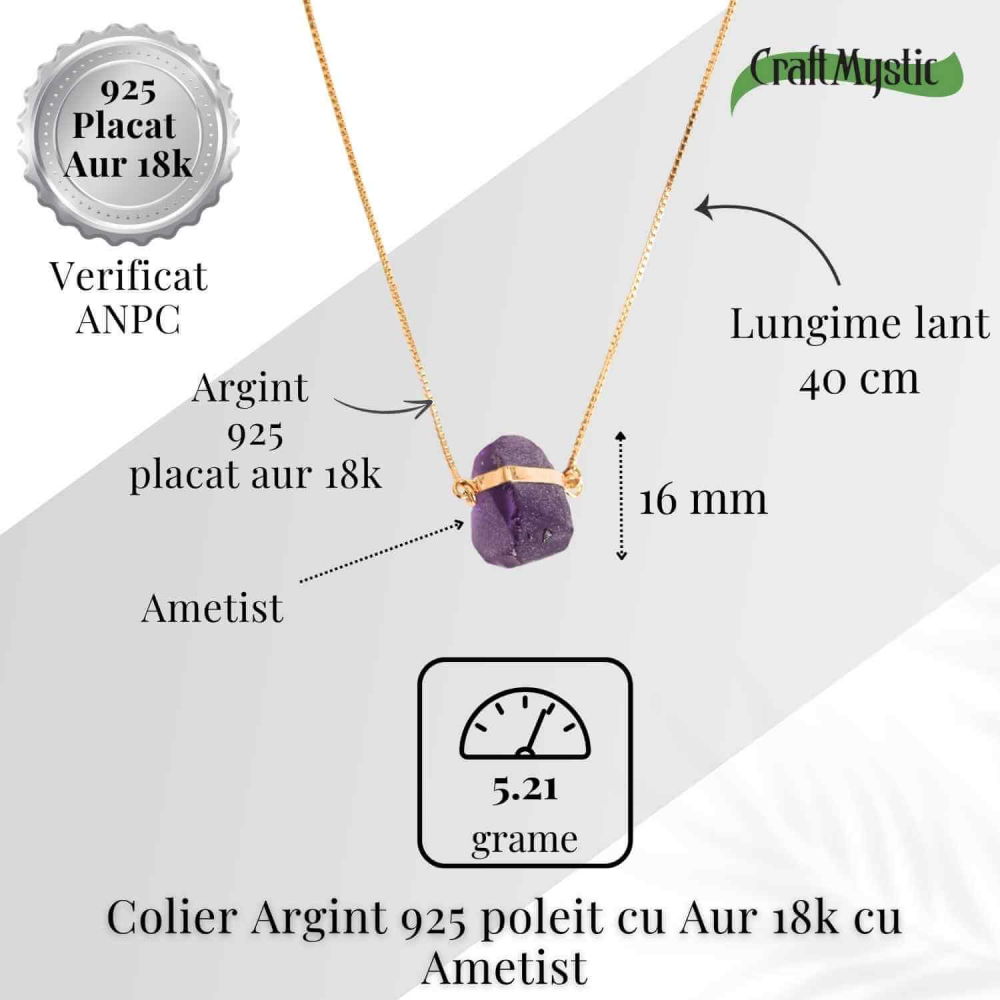 Colier Ametist Brut din Argint 925 Placat cu Aur 18K – Claritate Mentala si Liniște Interioara [5]