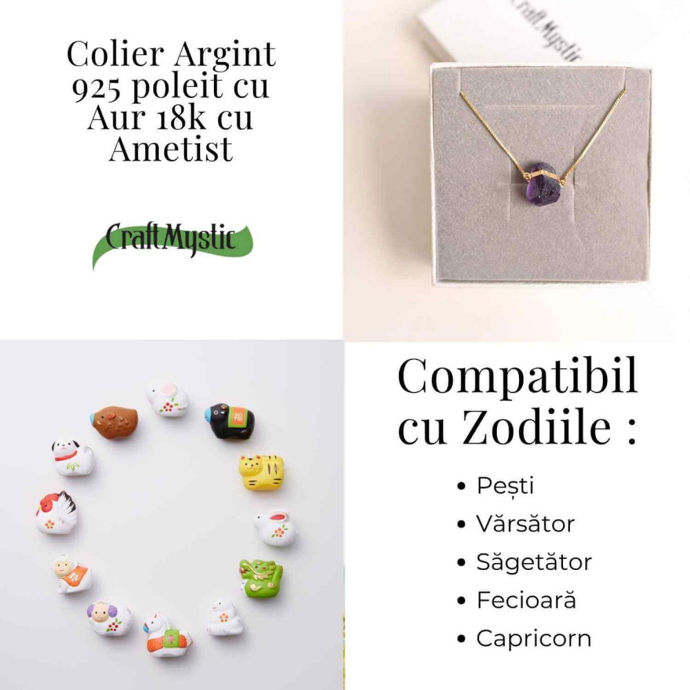 Colier Ametist Brut din Argint 925 Placat cu Aur 18K – Claritate Mentala si Liniște Interioara [4]