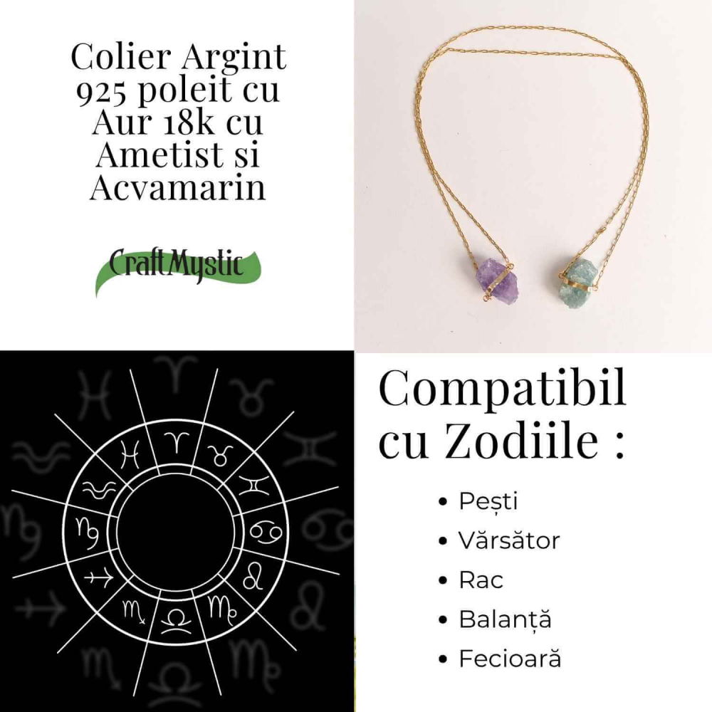 Colier Ametist si Acvamarin Brut din Argint 925 Placat cu Aur 18K – Echilibru Emotional si Claritate Mentala [5]