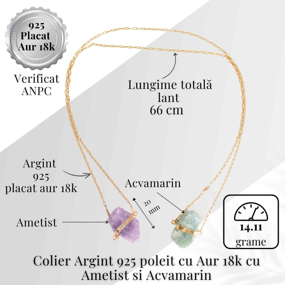 Colier Ametist si Acvamarin Brut din Argint 925 Placat cu Aur 18K – Echilibru Emotional si Claritate Mentala [6]