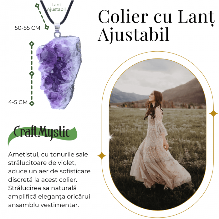 Colier ajustabil cu pandantiv Ametist brut neregulat, calm si claritate [5]
