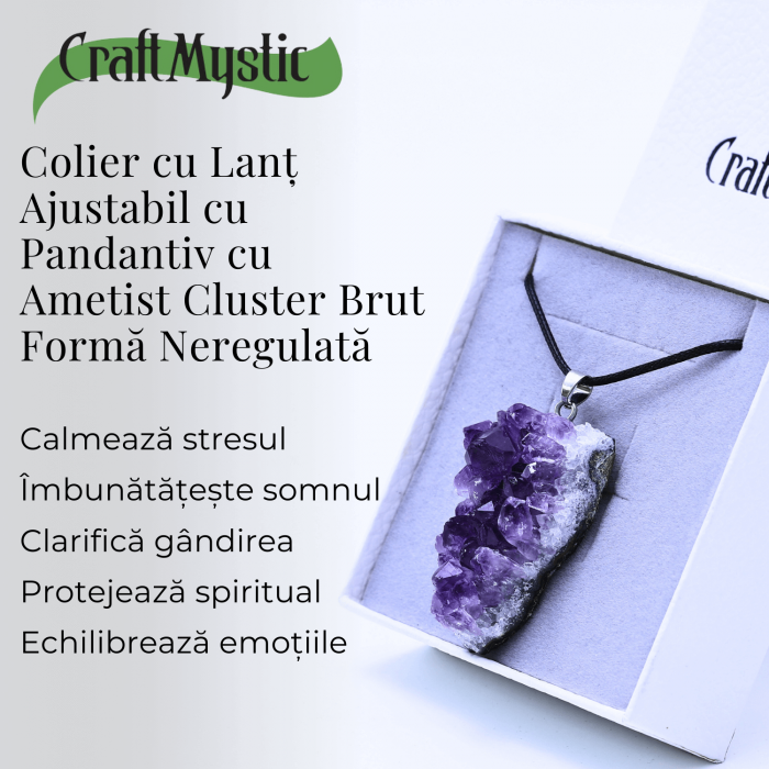 Colier ajustabil cu pandantiv Ametist brut neregulat, calm si claritate [3]