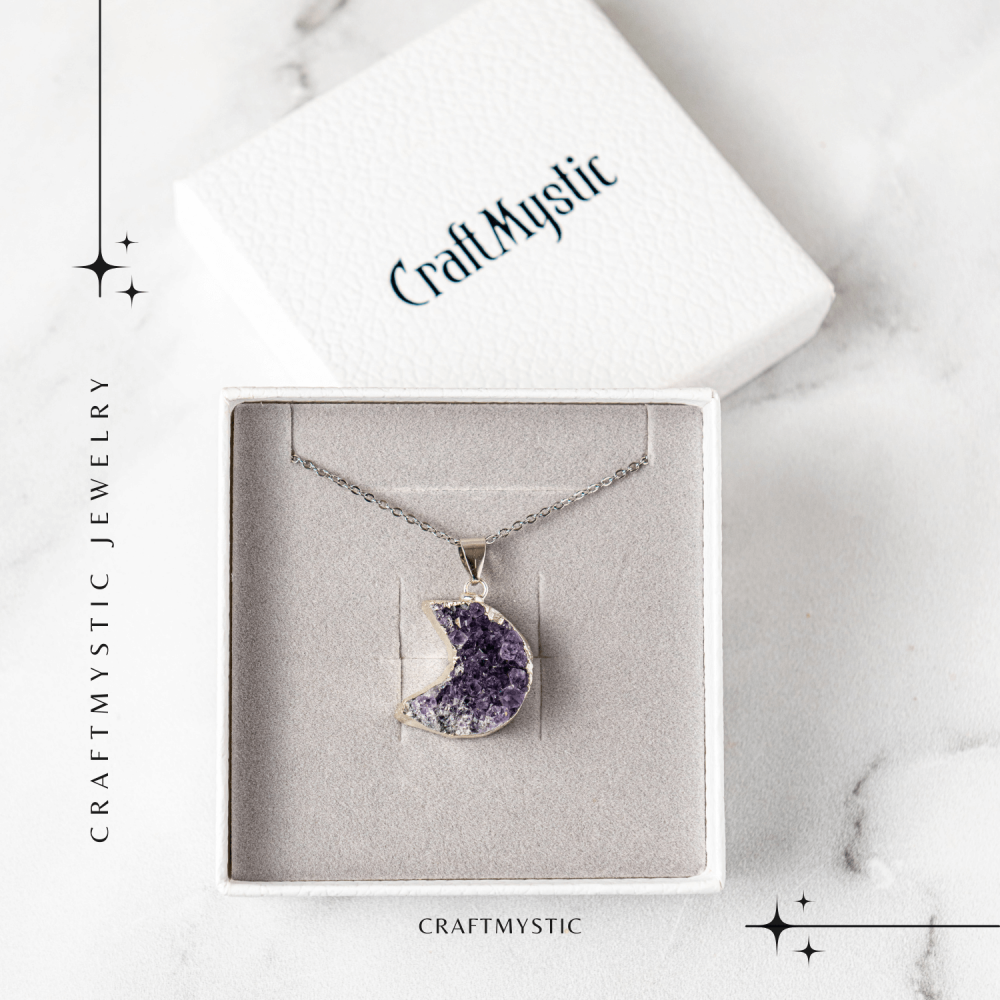 Colier Argintiu cu Ametist Druzy Semiluna – Claritate si Echilibru [7]