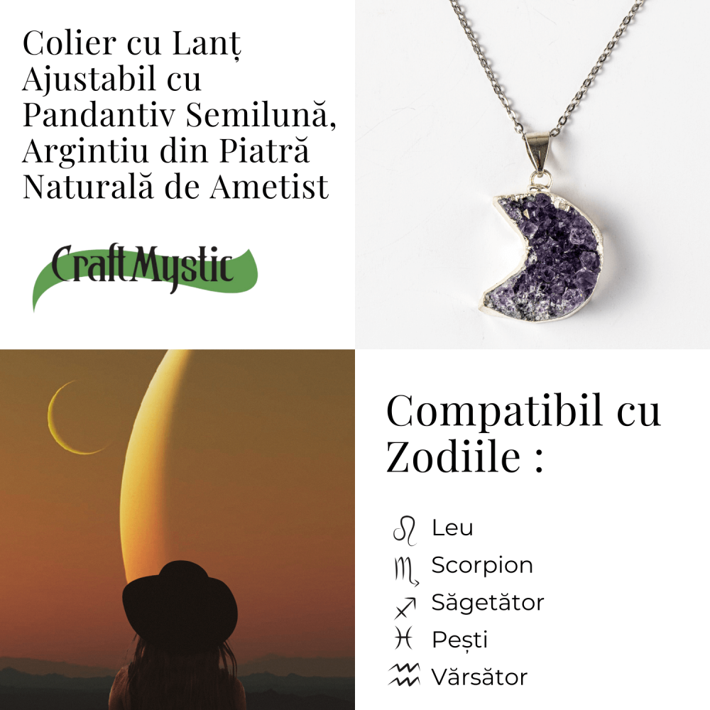 Colier Argintiu cu Ametist Druzy Semiluna – Claritate si Echilibru [4]