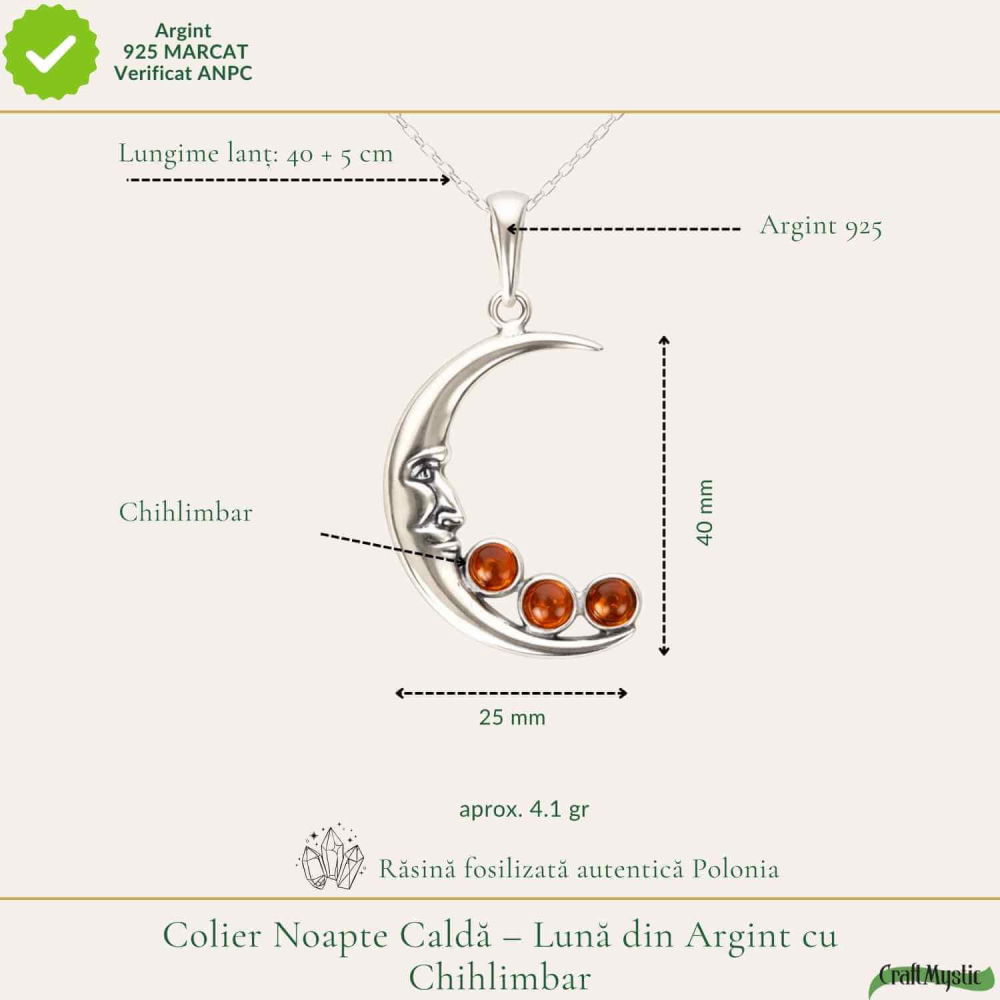 Colier Argint 925 Semiluna cu Chihlimbar Natural – Vitalitate si Protecție Solara [4]