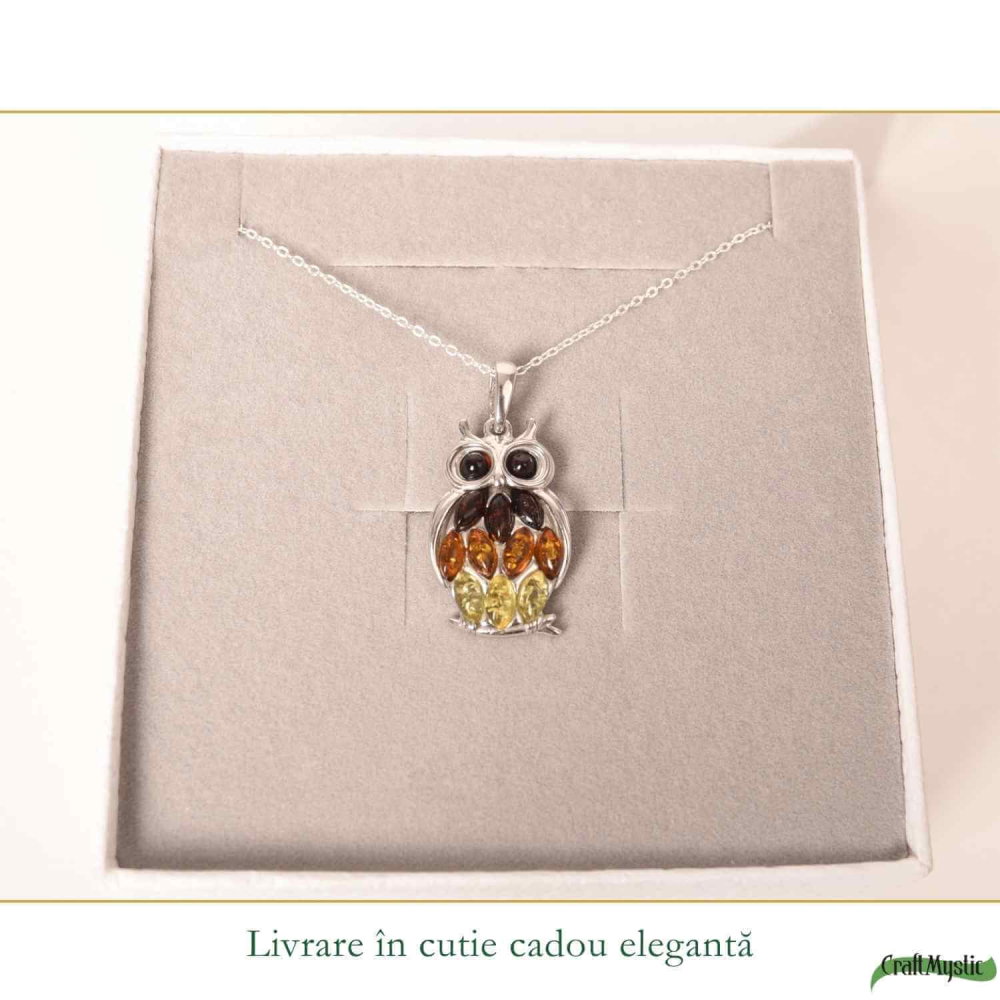 Colier argint 925 Bufnita 3 culori cu chihlimbar natural – Claritate si energie [6]