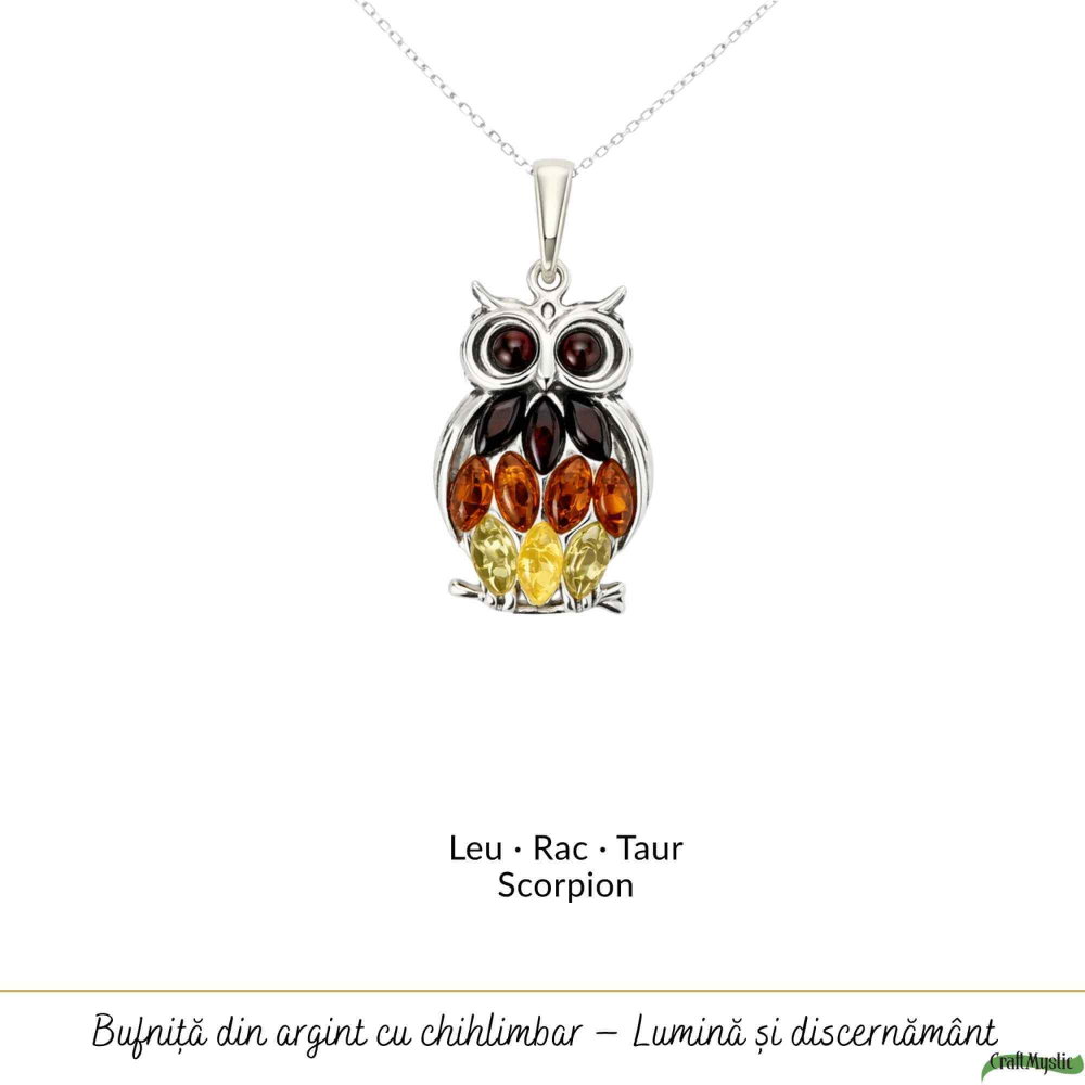 Colier argint 925 Bufnita 3 culori cu chihlimbar natural – Claritate si energie [5]