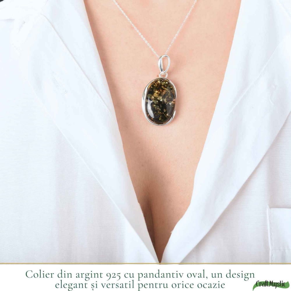 Colier Argint 925 cu Chihlimbar Verde Natural Oval – Energie Calda si Echilibru [2]
