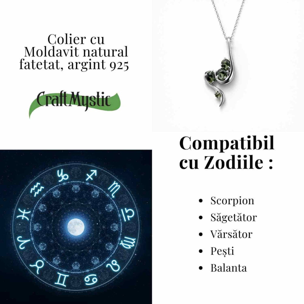 Colier Argint 925 rodiat cu Moldavit natural fatetat 3.4 g – trezirea constiintei si transformare interioara [5]