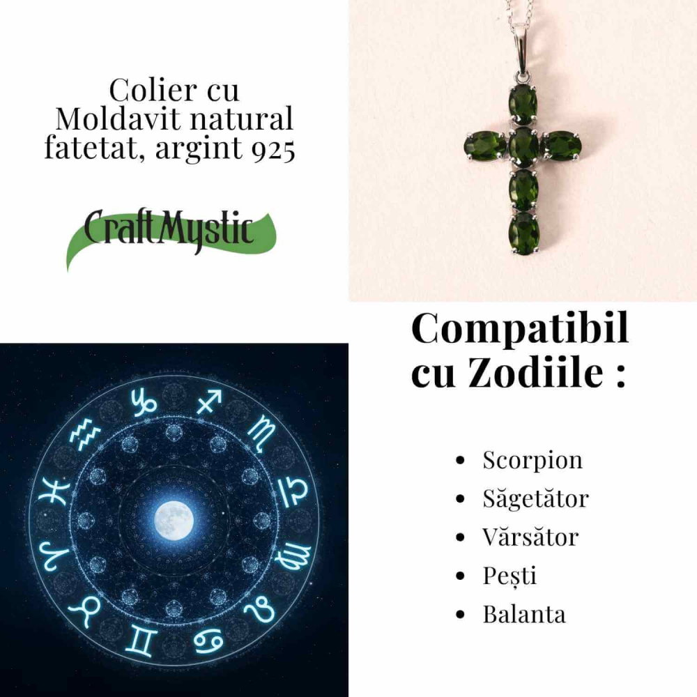 Colier cruce din Argint 925 rodiat cu Moldavit natural fatetat – protectie energetica si intuitie [5]