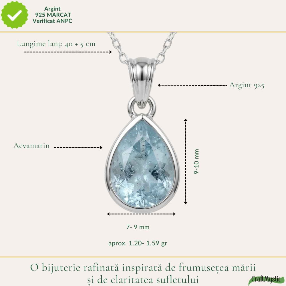 Colier Argint 925 cu Acvamarin Lacrima Fatetat – Claritate si Calm Interior [4]