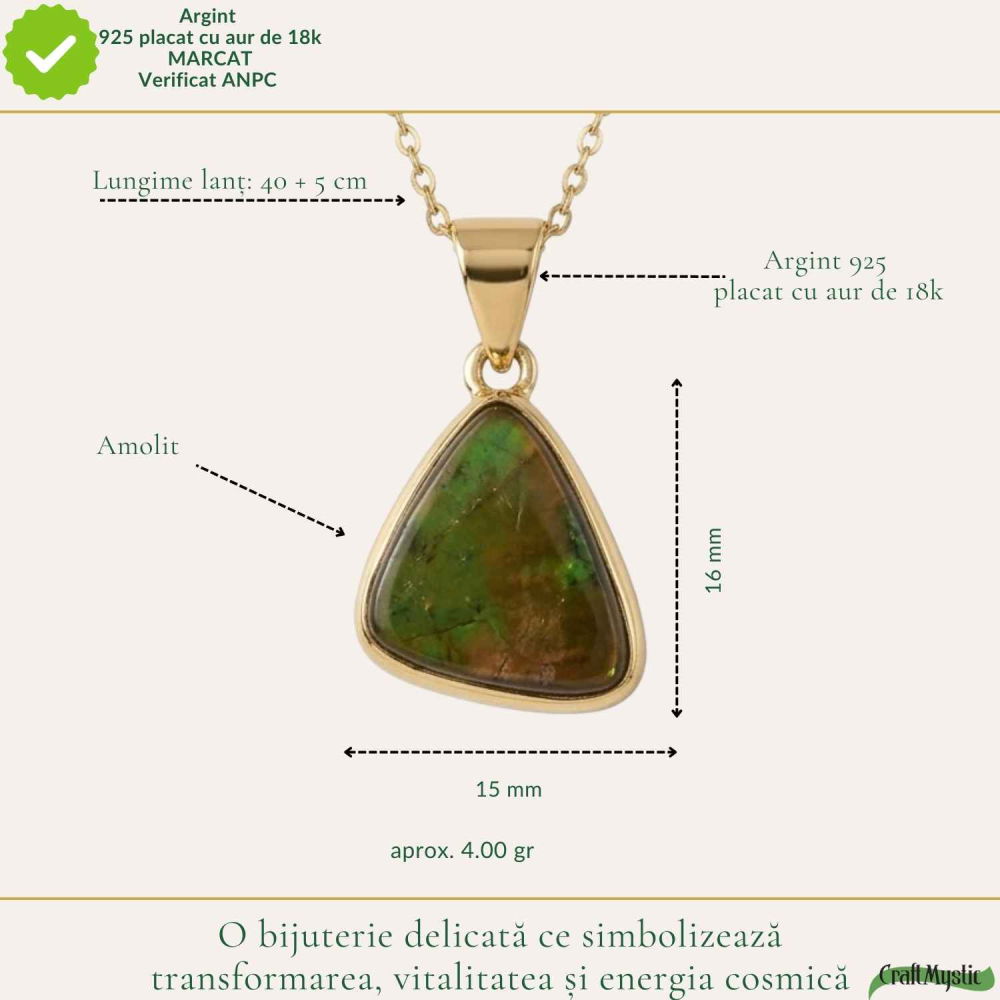 Colier Argint 925 Placat Aur 18K cu Amolit Natural Triunghi – Energie si Prosperitate [4]