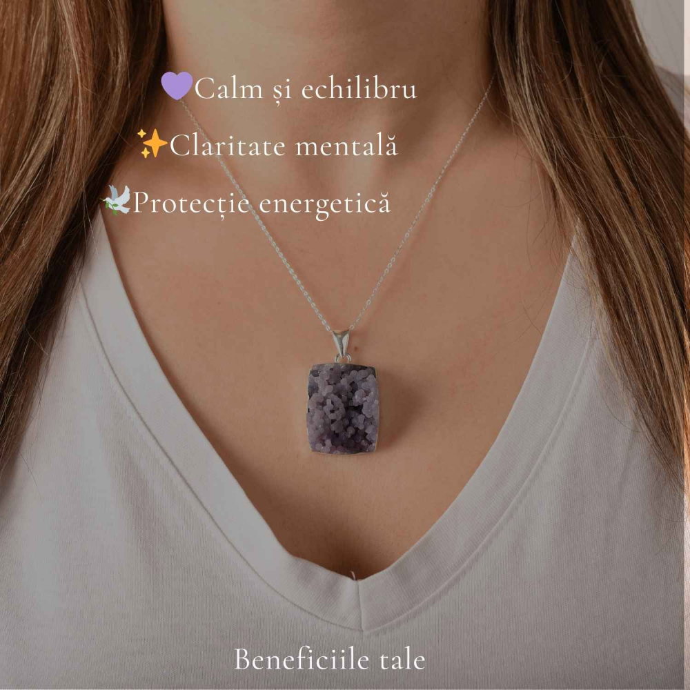 Colier Argint 925 cu Agat Strugure Natural Patrat – Energie de Calm si Echilibru [3]