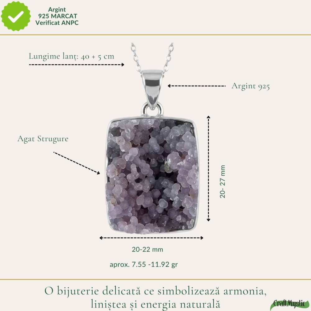 Colier Argint 925 cu Agat Strugure Natural Patrat – Energie de Calm si Echilibru [4]