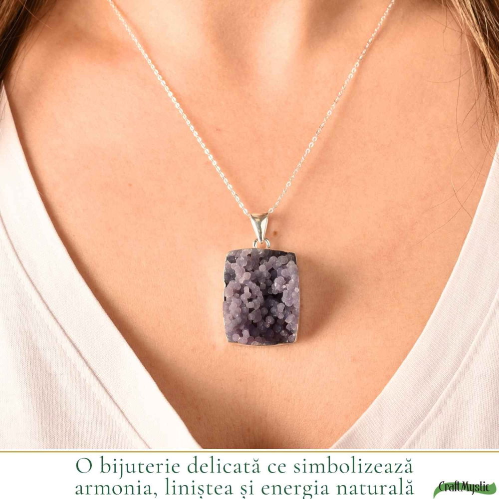 Colier Argint 925 cu Agat Strugure Natural Patrat – Energie de Calm si Echilibru [2]