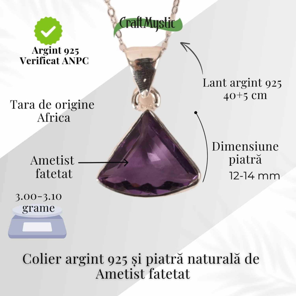 Colier Argint 925 cu Ametist Fatetat Triunghi – Protectie, Claritate si Echilibru Spiritual [4]