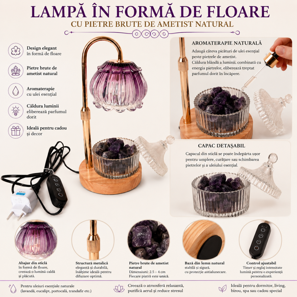 Lampa Floare cu Ametist Brut Natural – Aromaterapie, Relaxare și Energie Armonioasa [5]