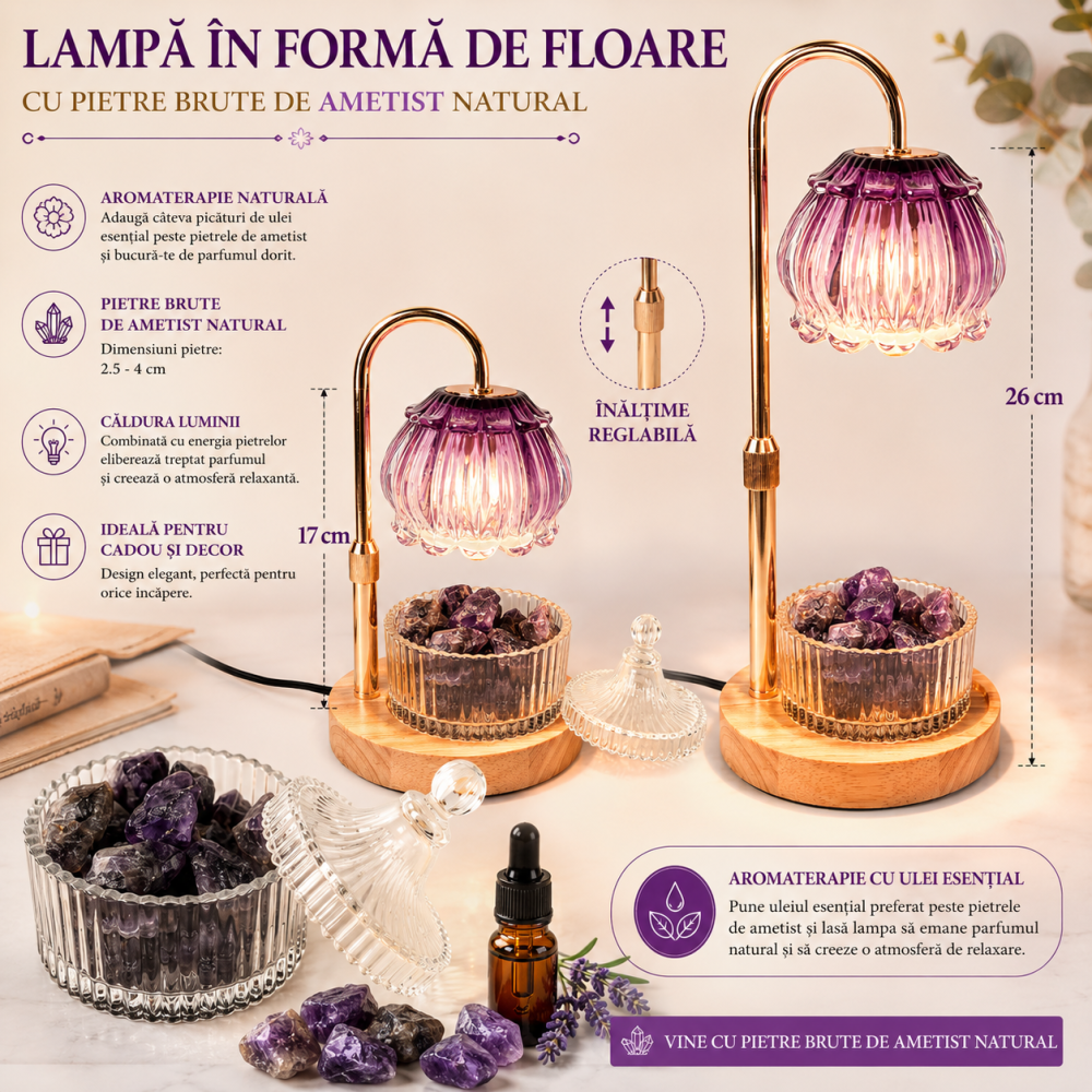 Lampa Floare cu Ametist Brut Natural – Aromaterapie, Relaxare și Energie Armonioasa [4]